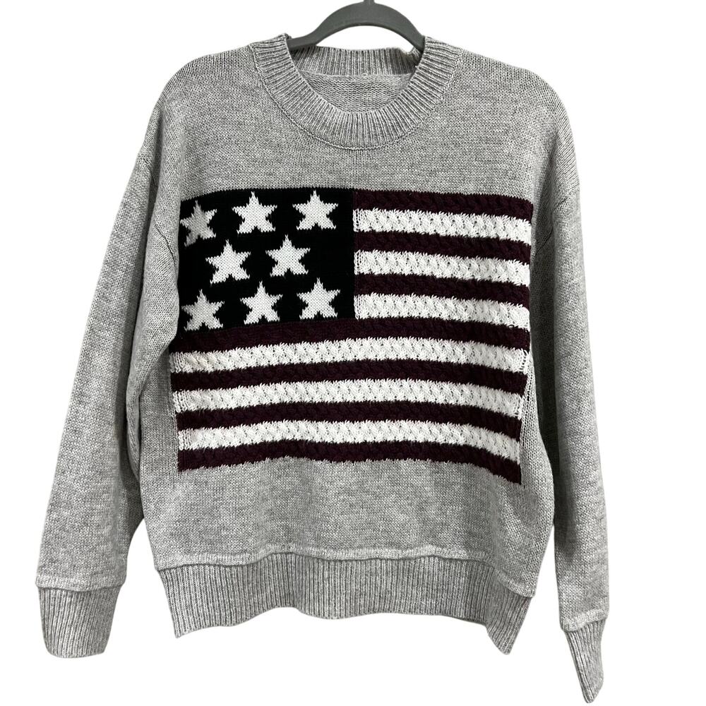 Women's Gray USA Flag Thick Knit Crew Neck Sweater Medium